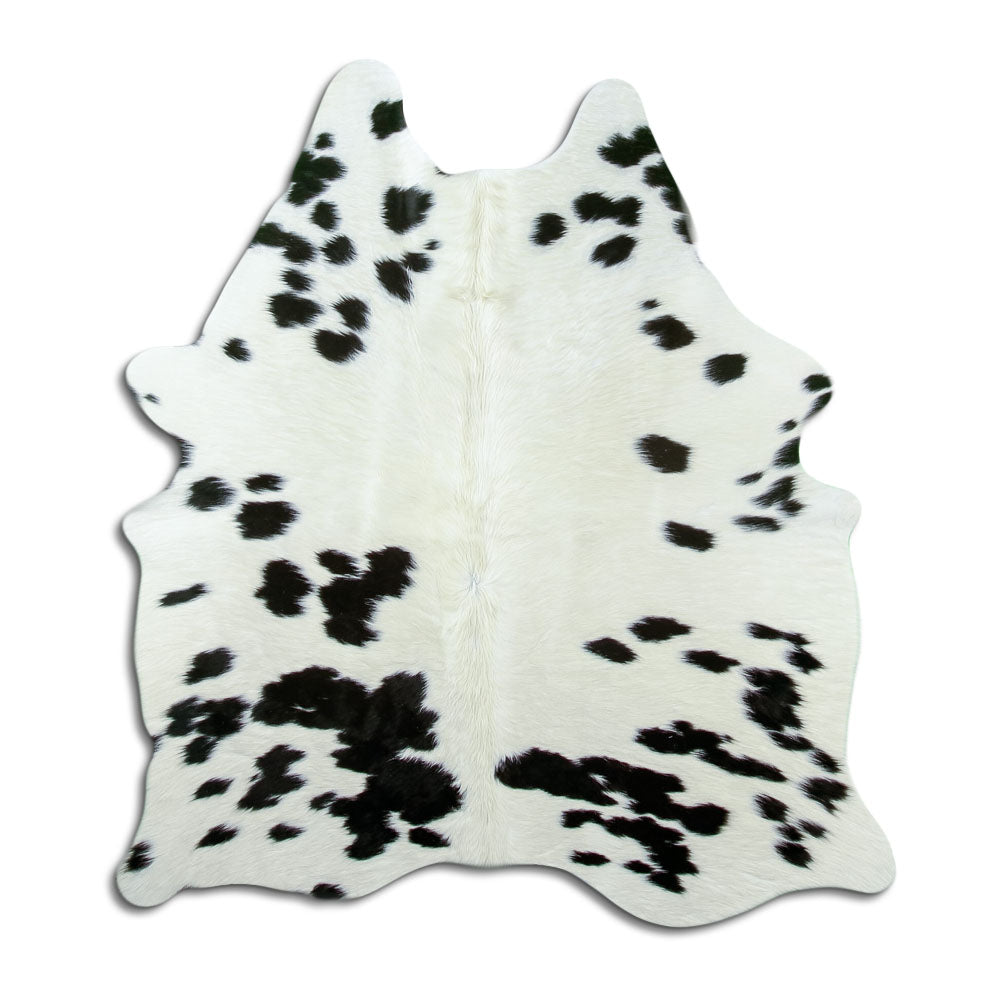 Black and white cowhide rug of about 160 × 150 cm, seen from above: the exact hide you receive