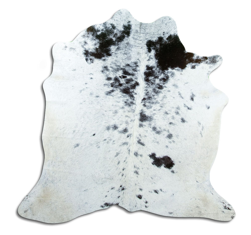 Black and white cowhide rug of about 160 × 160 cm, seen from above: the exact hide you receive