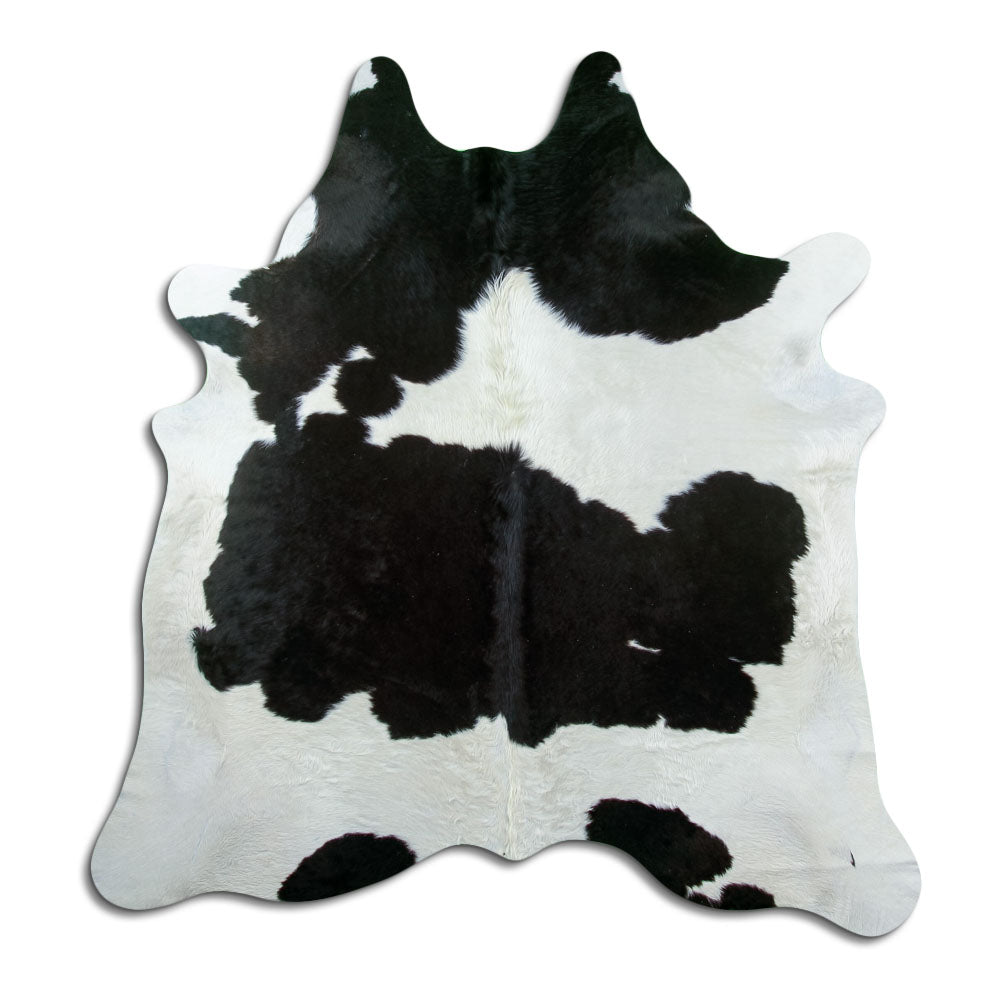 Black and white cowhide rug of about 200 × 200 cm, seen from above: the exact hide you receive