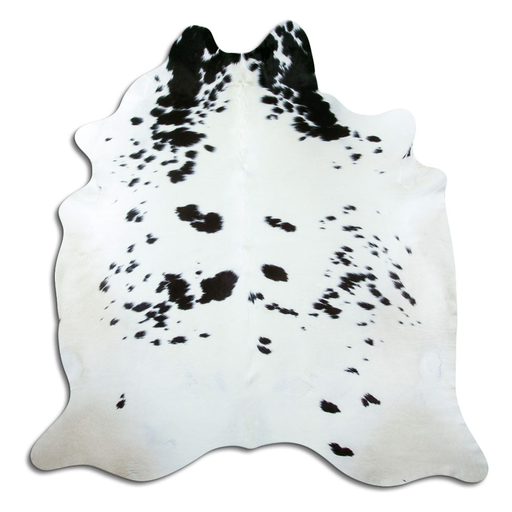 Black and white cowhide rug of about 200 × 200 cm, seen from above: the exact hide you receive