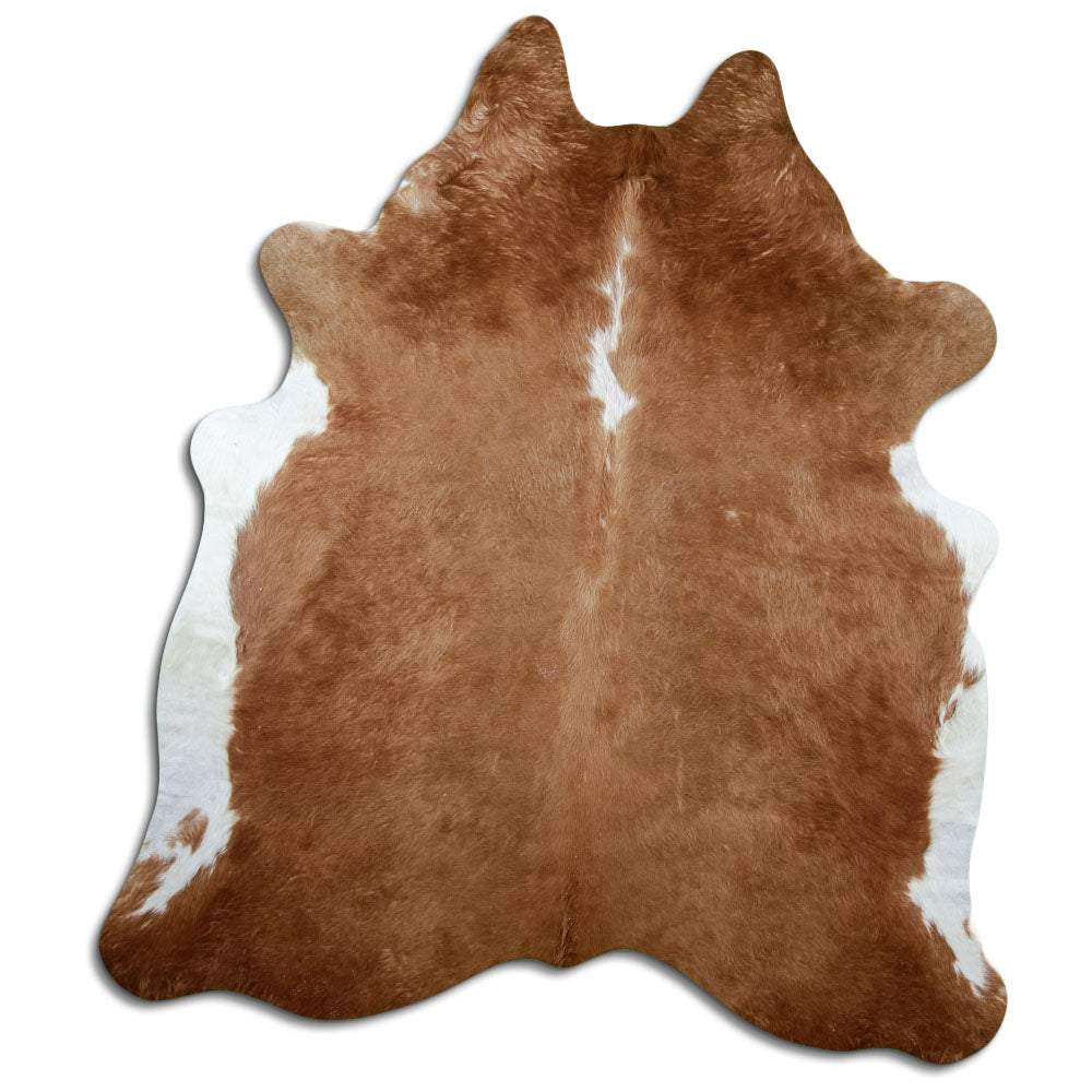 Brown and white cowhide rug of about 220 × 190 cm, seen from above: the exact hide you receive