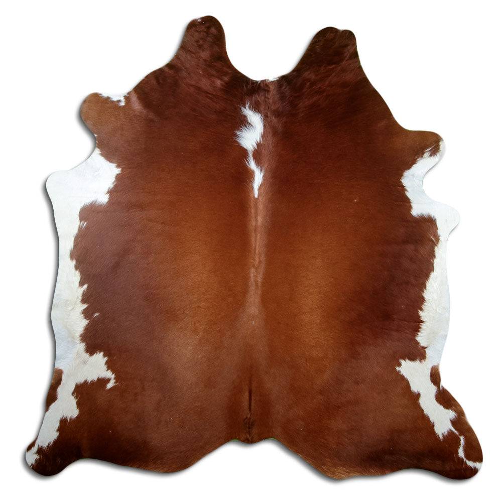 Brown and white cowhide rug of about 200 × 200 cm, seen from above: the exact hide you receive