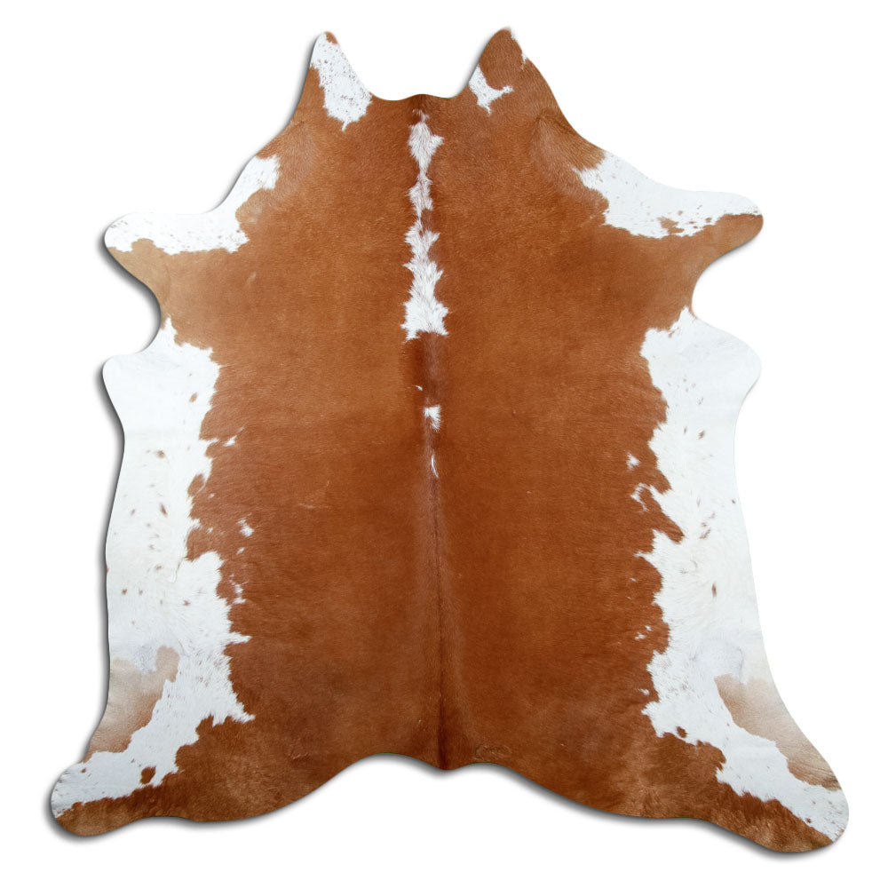 Brown and white cowhide rug of about 220 × 210 cm, seen from above: the exact hide you receive