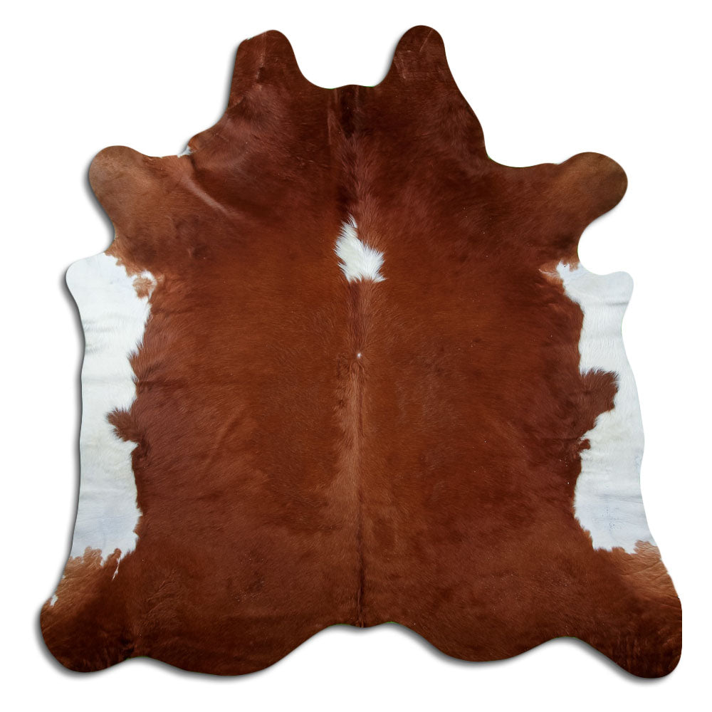 Brown and white cowhide rug of about 230 × 220 cm, seen from above: the exact hide you receive