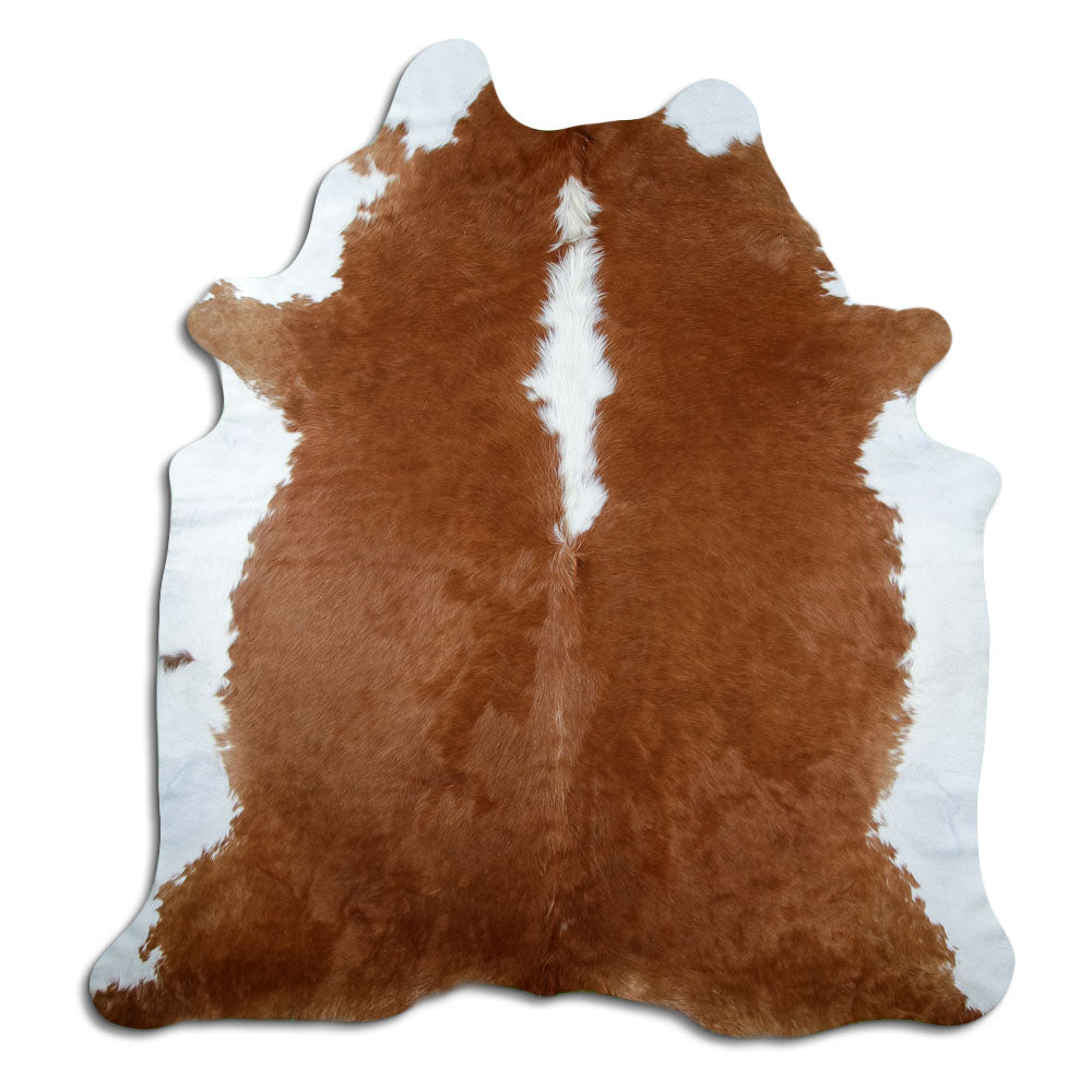Brown and white cowhide rug of about 220 × 210 cm, seen from above: the exact hide you receive