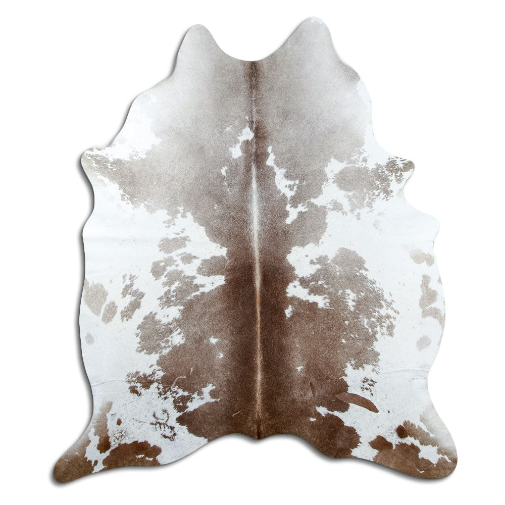 Brown and white cowhide rug of about 200 × 170 cm, seen from above: the exact hide you receive