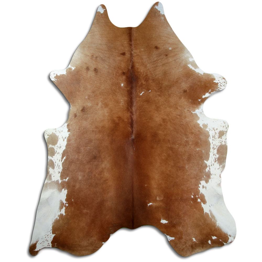 Brown and white cowhide rug of about 240 × 190 cm, seen from above: the exact hide you receive