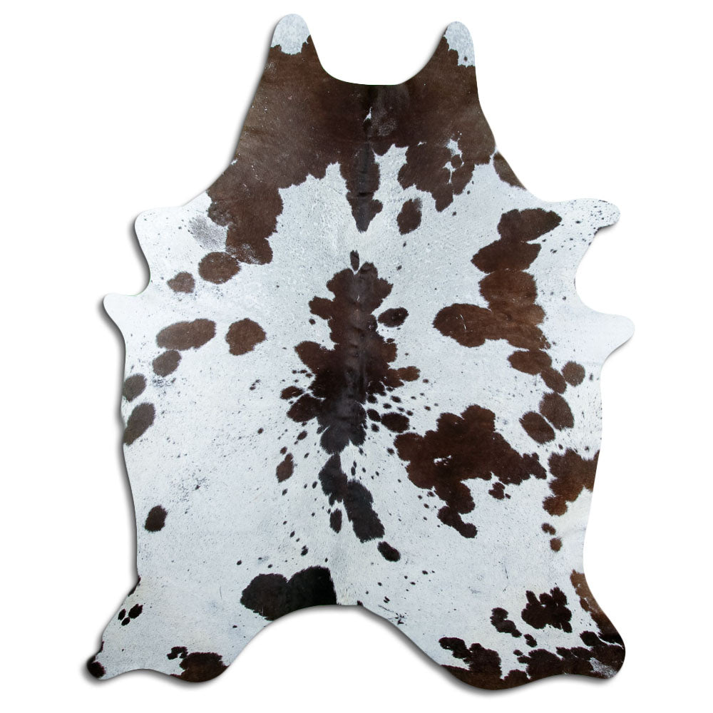 Brown and white cowhide rug of about 230 × 180 cm, seen from above: the exact hide you receive