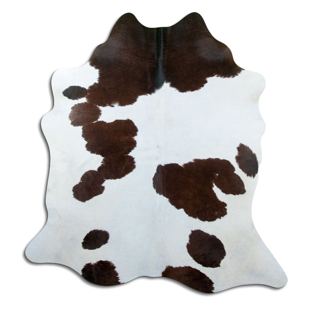 Brown and white cowhide rug of about 200 × 180 cm, seen from above: the exact hide you receive