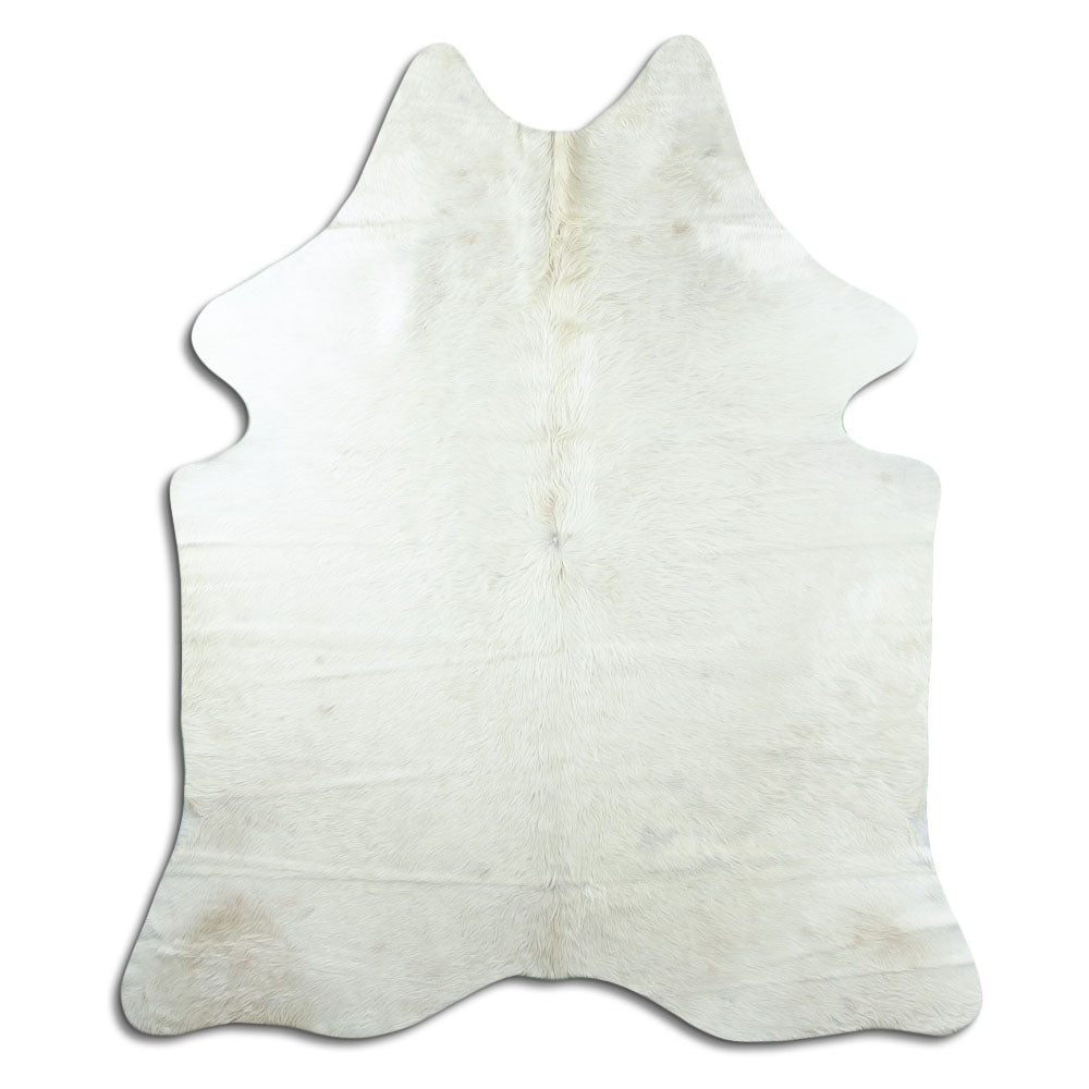 Champagne cowhide rug of about 190 × 160 cm, seen from above: the exact hide you receive
