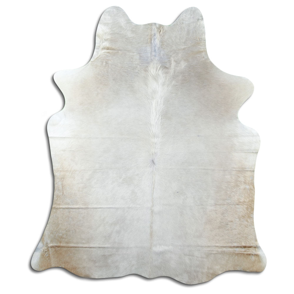 Champagne cowhide rug of about 180 × 150 cm, seen from above: the exact hide you receive