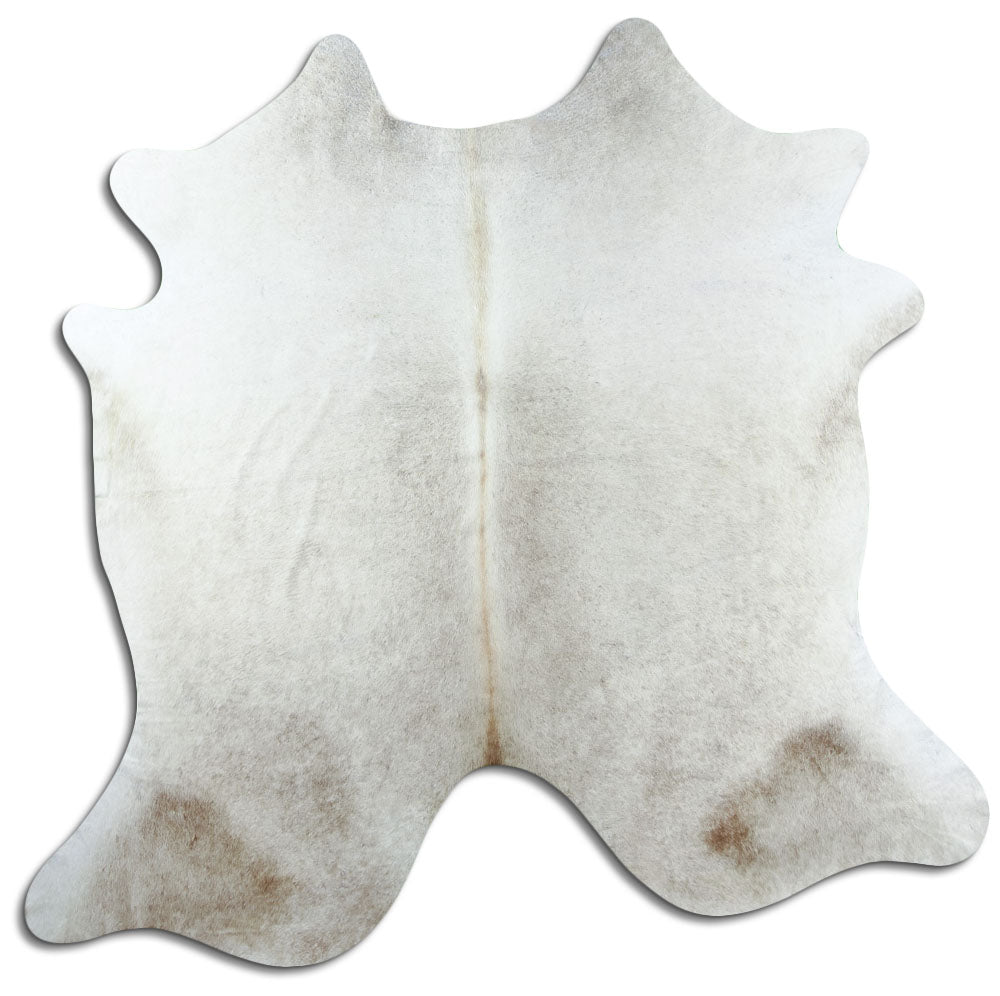 Champagne cowhide rug of about 180 × 180 cm, seen from above: the exact hide you receive
