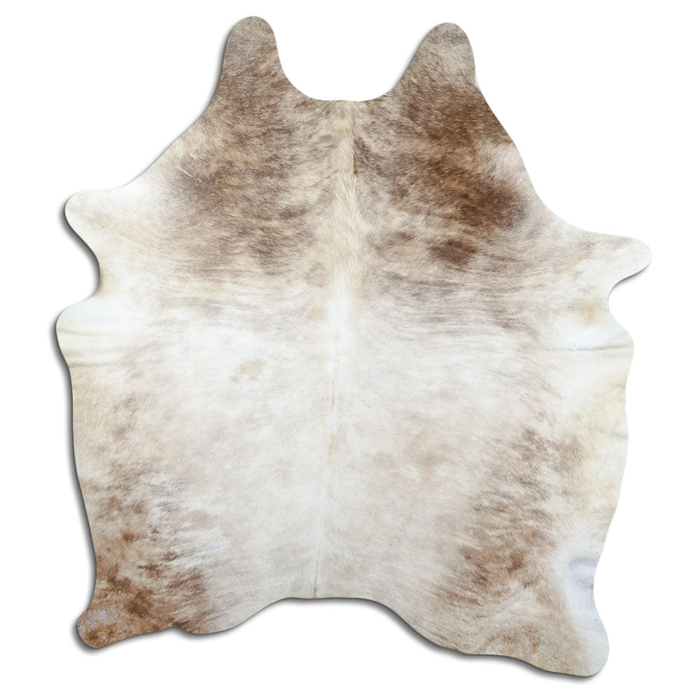 Champagne cowhide rug of about 200 × 160 cm, seen from above: the exact hide you receive
