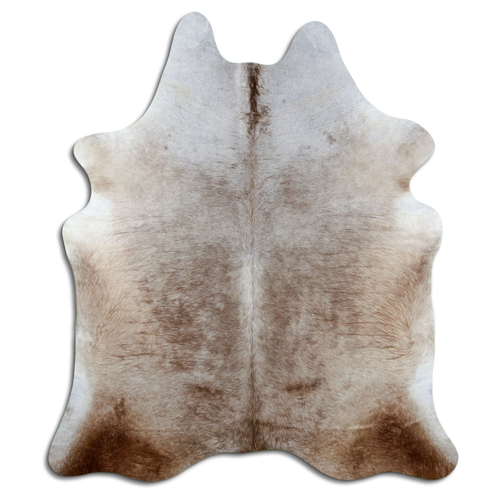 Champagne cowhide rug of about 220 × 190 cm, seen from above: the exact hide you receive