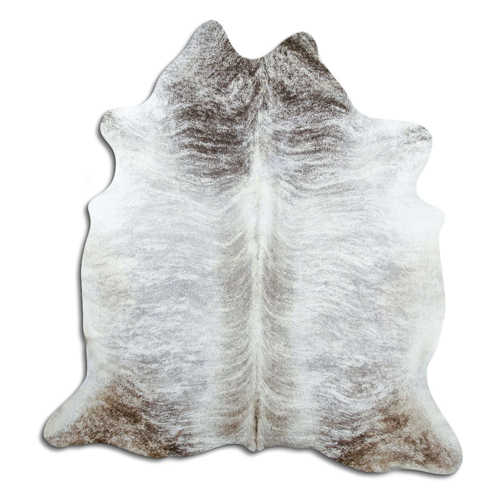 Brindle cowhide rug of about 190 × 180 cm, seen from above: the exact hide you receive