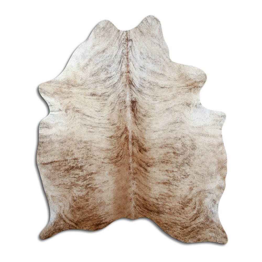 Brindle cowhide rug of about 190 × 160 cm, seen from above: the exact hide you receive