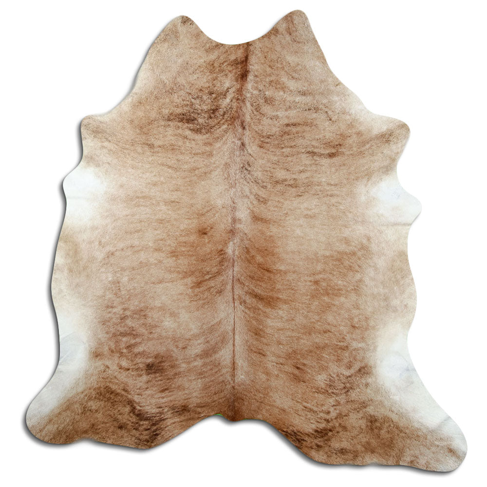 Brindle cowhide rug of about 200 × 190 cm, seen from above: the exact hide you receive