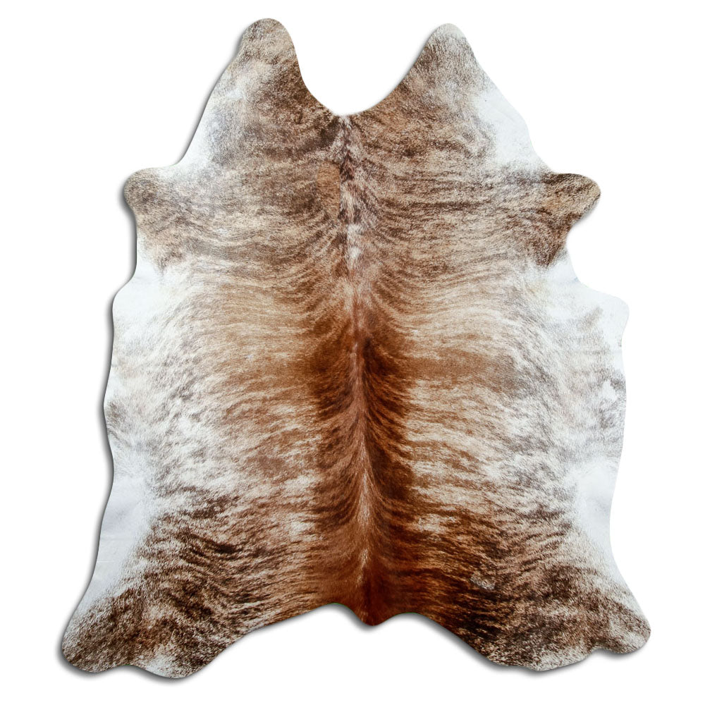 Brindle cowhide rug of about 200 × 180 cm, seen from above: the exact hide you receive