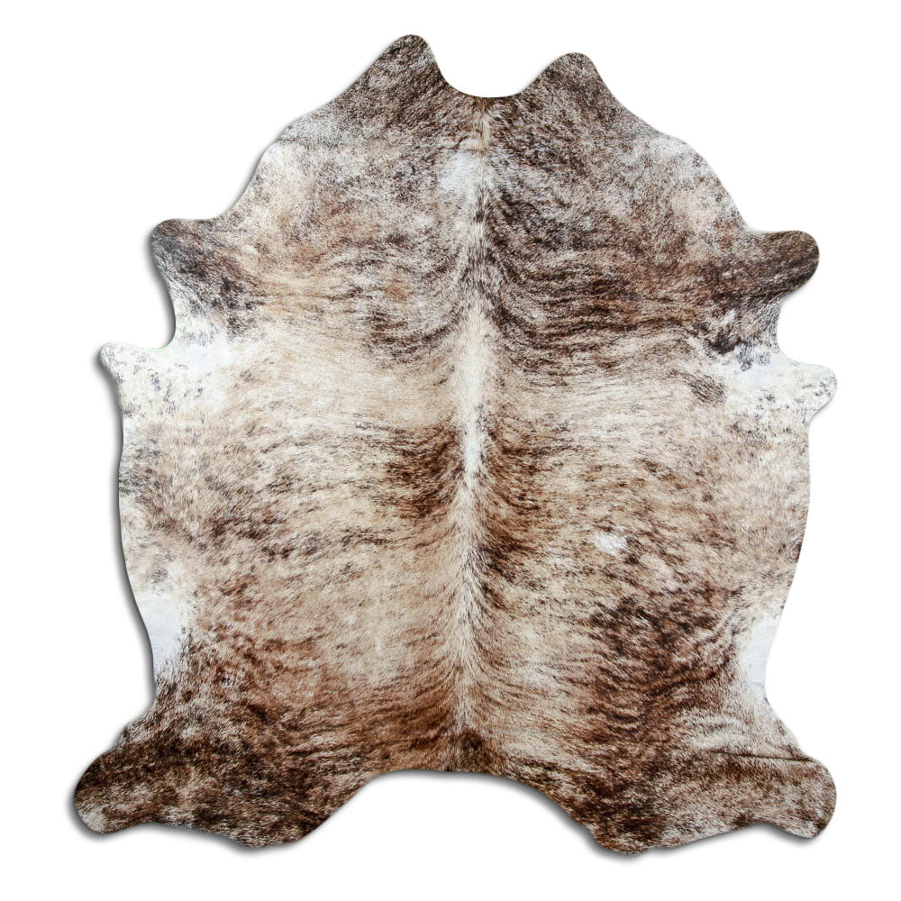 Brindle cowhide rug of about 230 × 210 cm, seen from above: the exact hide you receive
