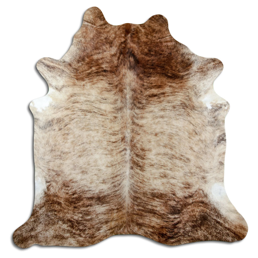 Brindle cowhide rug of about 210 × 210 cm, seen from above: the exact hide you receive
