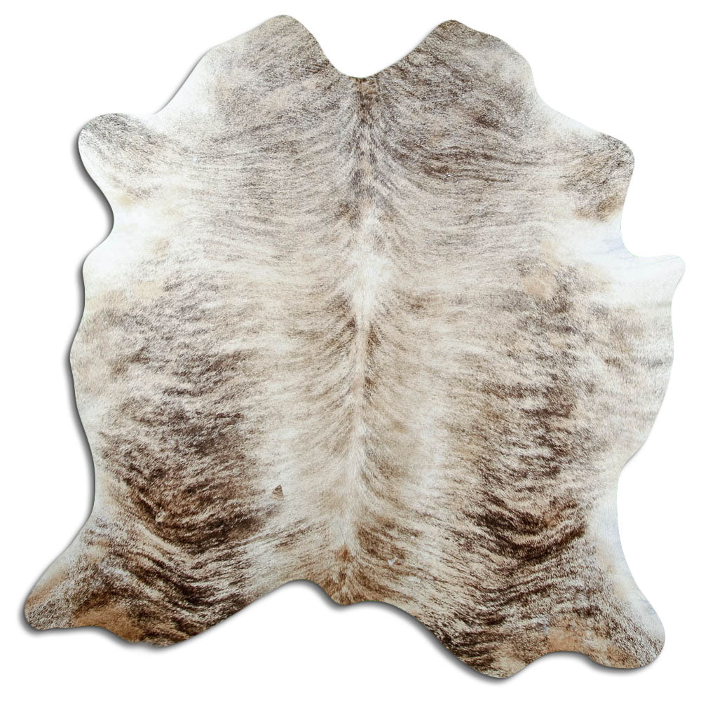 Brindle cowhide rug of about 190 × 190 cm, seen from above: the exact hide you receive