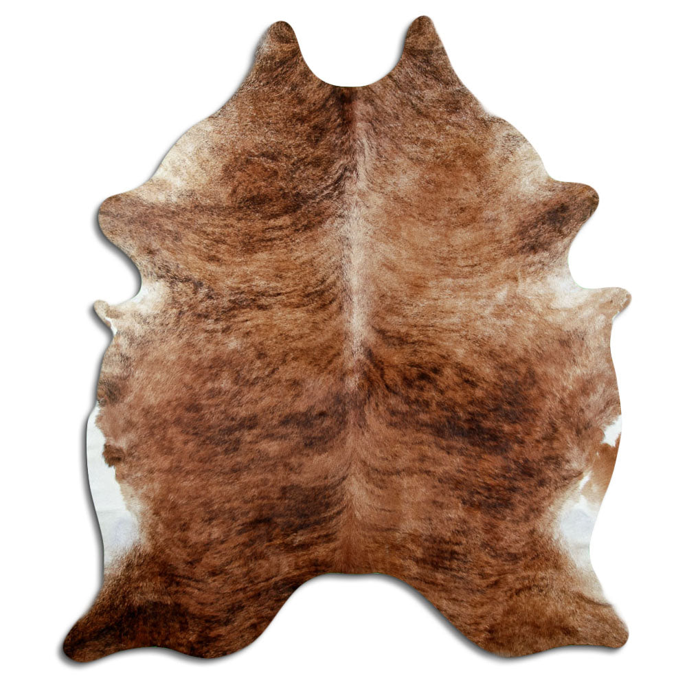 Brindle cowhide rug of about 230 × 200 cm, seen from above: the exact hide you receive