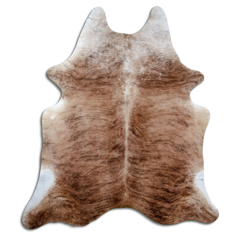 Brindle cowhide rug of about 210 × 190 cm, seen from above: the exact hide you receive