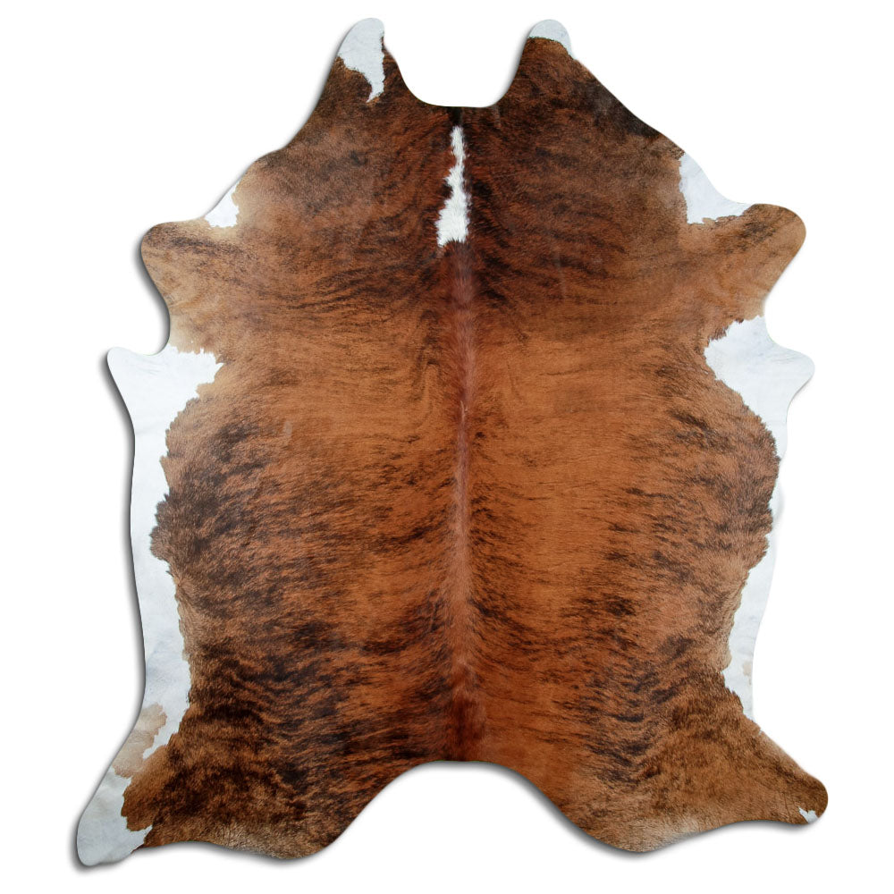 Brindle cowhide rug of about 250 × 220 cm, seen from above: the exact hide you receive