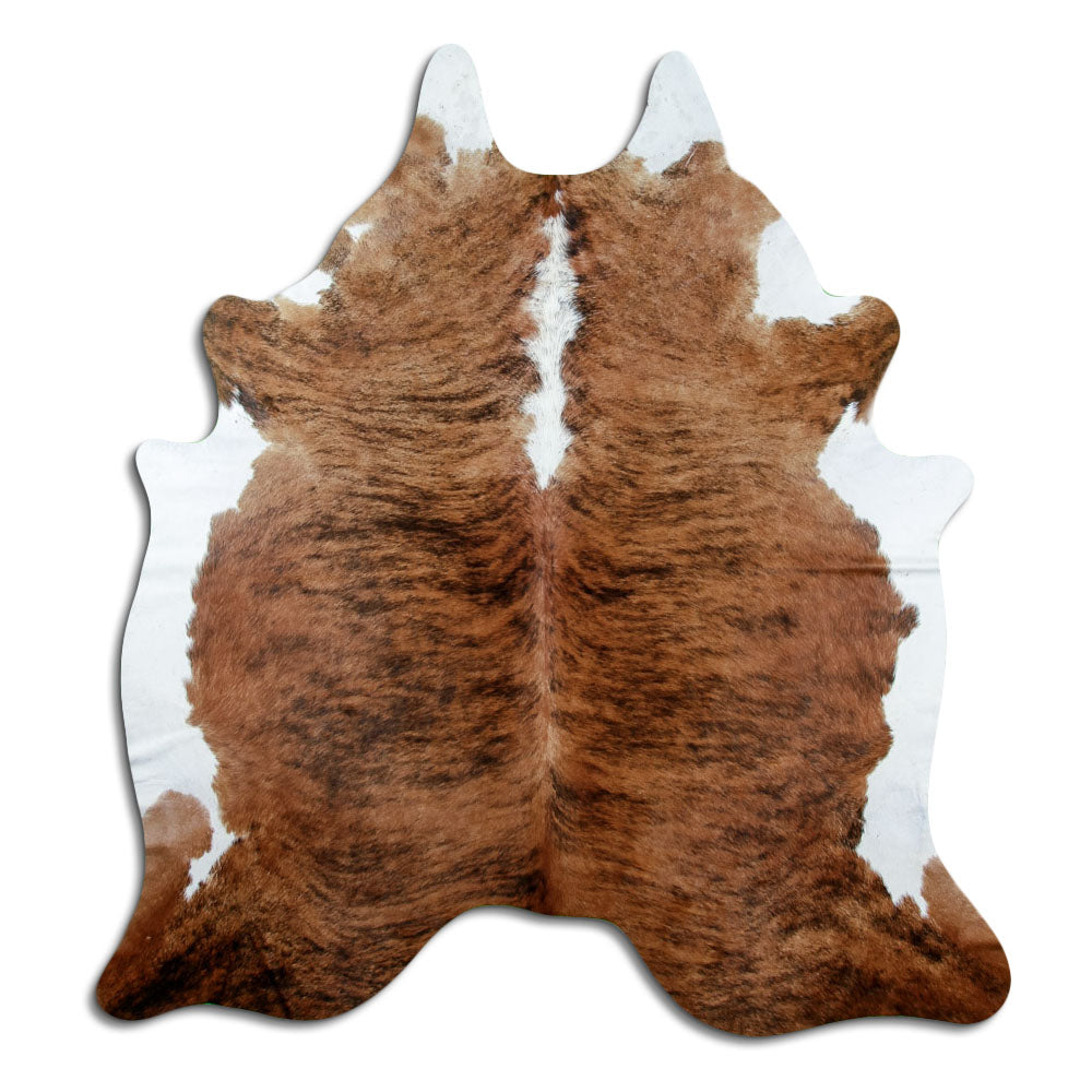 Brindle cowhide rug of about 210 × 190 cm, seen from above: the exact hide you receive