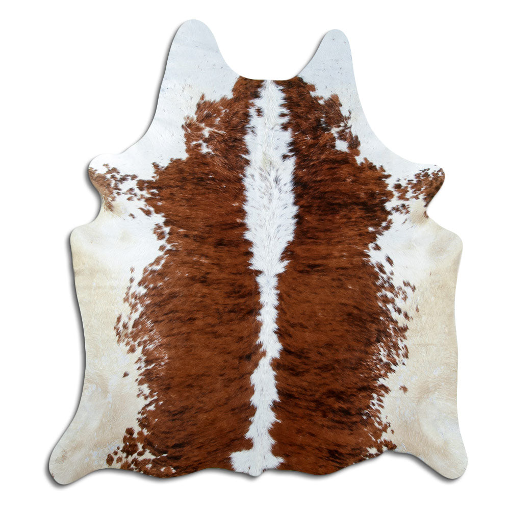 Brindle cowhide rug of about 190 × 180 cm, seen from above: the exact hide you receive