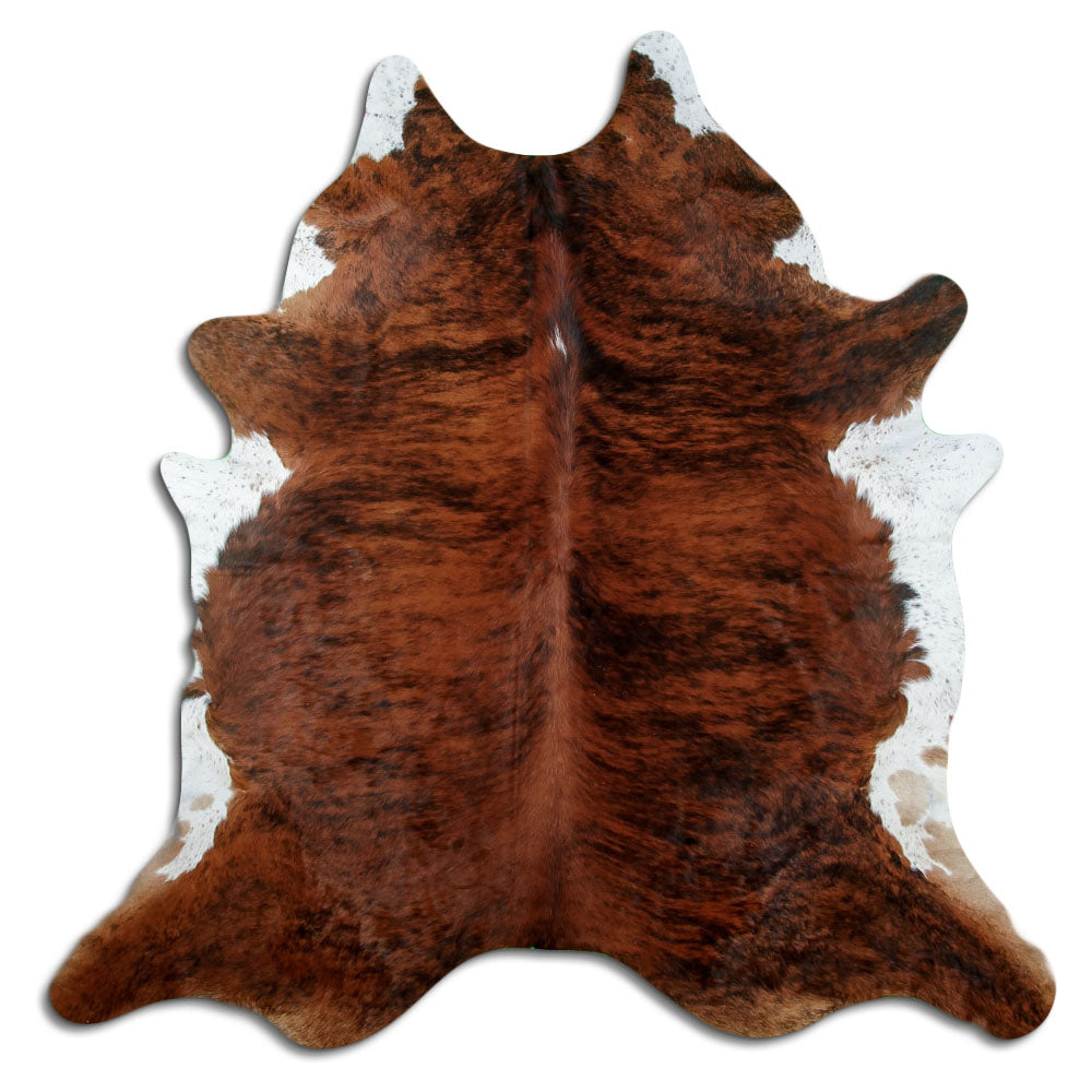 Brindle cowhide rug of about 210 × 210 cm, seen from above: the exact hide you receive