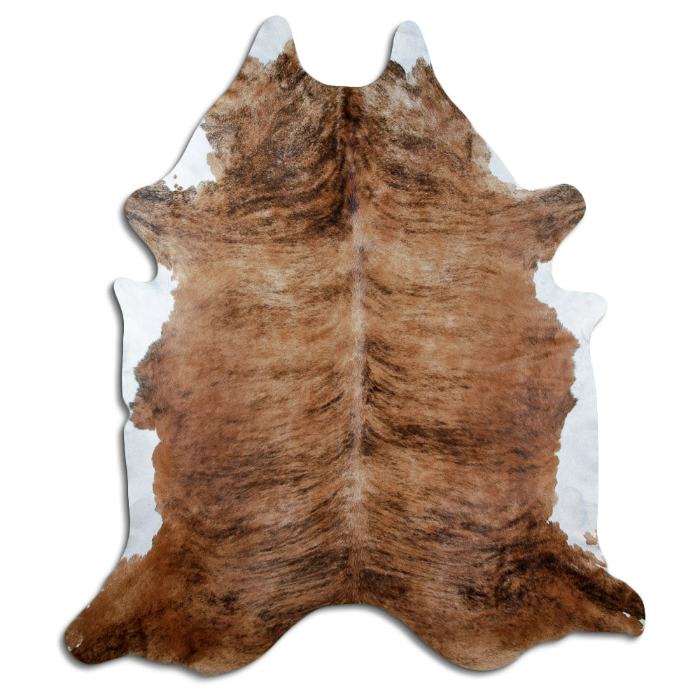 Brindle cowhide rug of about 250 × 220 cm, seen from above: the exact hide you receive
