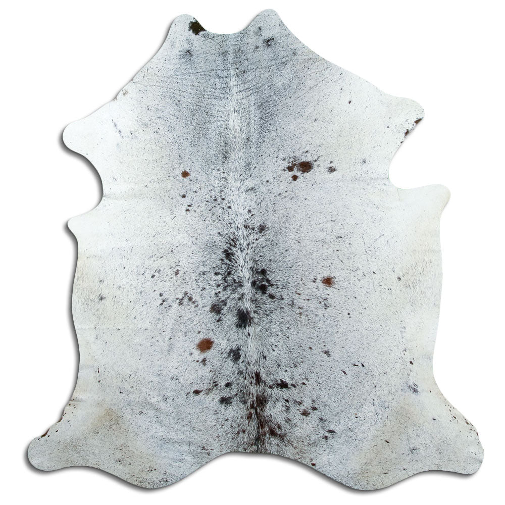 Salt and pepper cowhide rug of about 170 × 170 cm, seen from above: the exact hide you receive