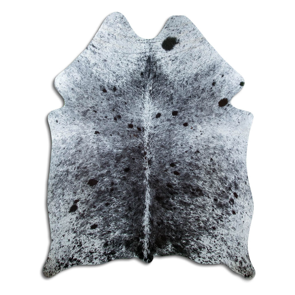 Salt and pepper cowhide rug of about 190 × 150 cm, seen from above: the exact hide you receive