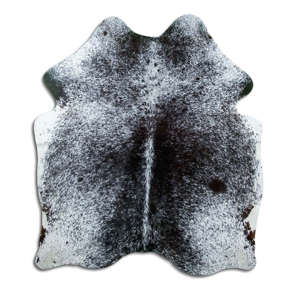 Salt and pepper cowhide rug of about 170 × 140 cm, seen from above: the exact hide you receive