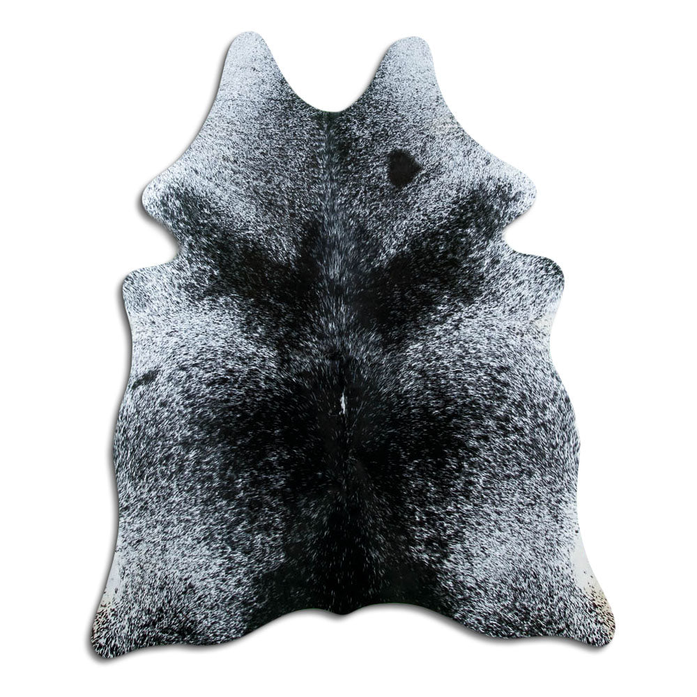 Salt and pepper cowhide rug of about 180 × 150 cm, seen from above: the exact hide you receive