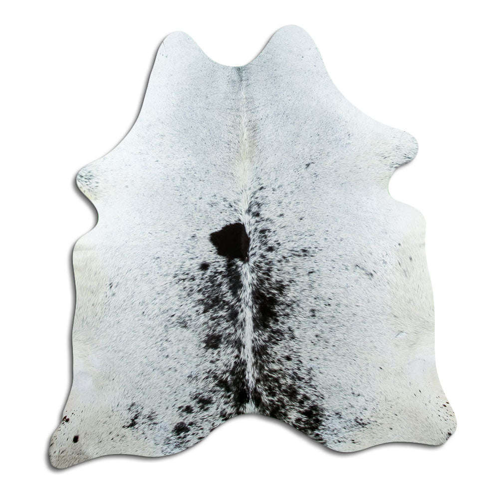 Salt and pepper cowhide rug of about 170 × 160 cm, seen from above: the exact hide you receive