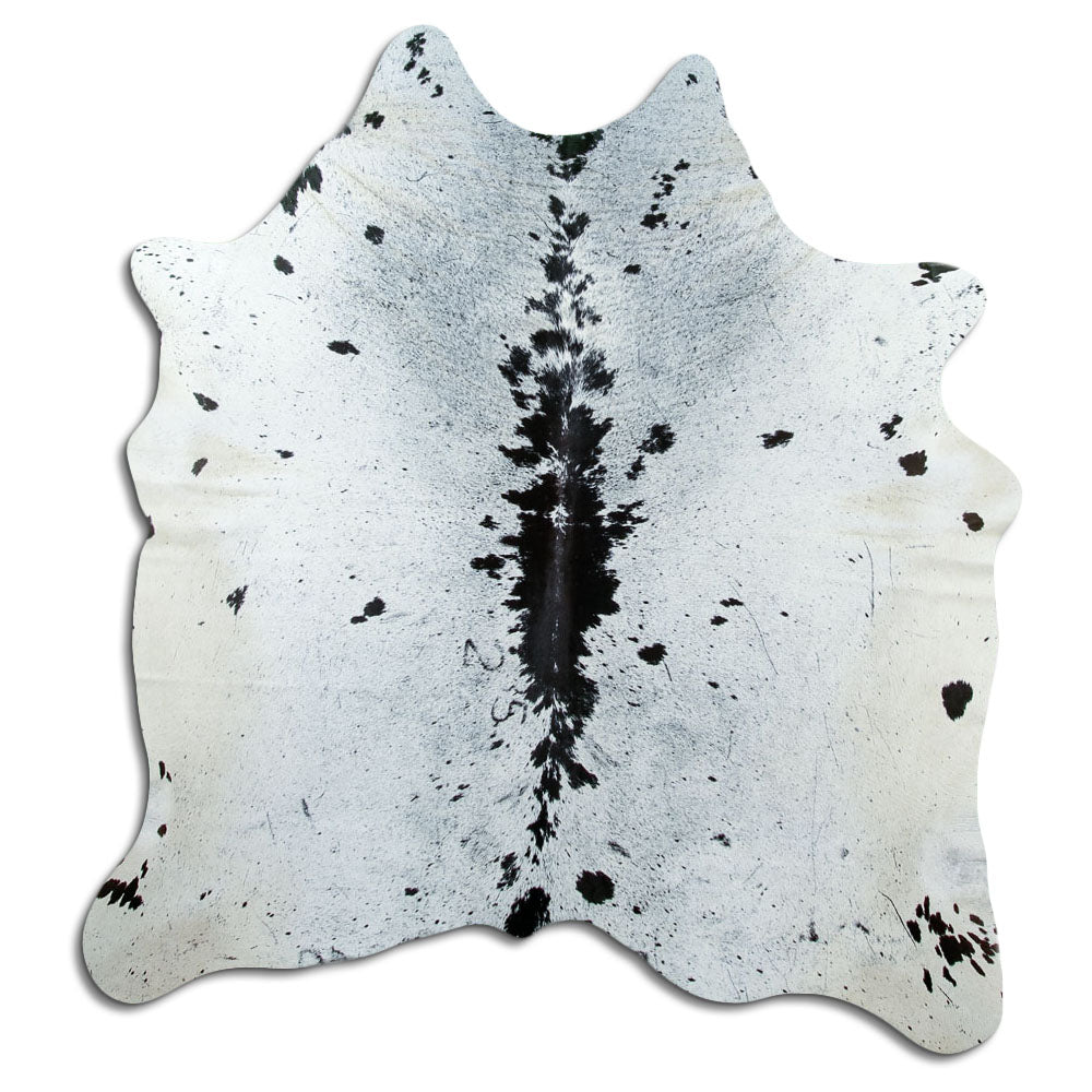 Salt and pepper cowhide rug of about 180 × 170 cm, seen from above: the exact hide you receive