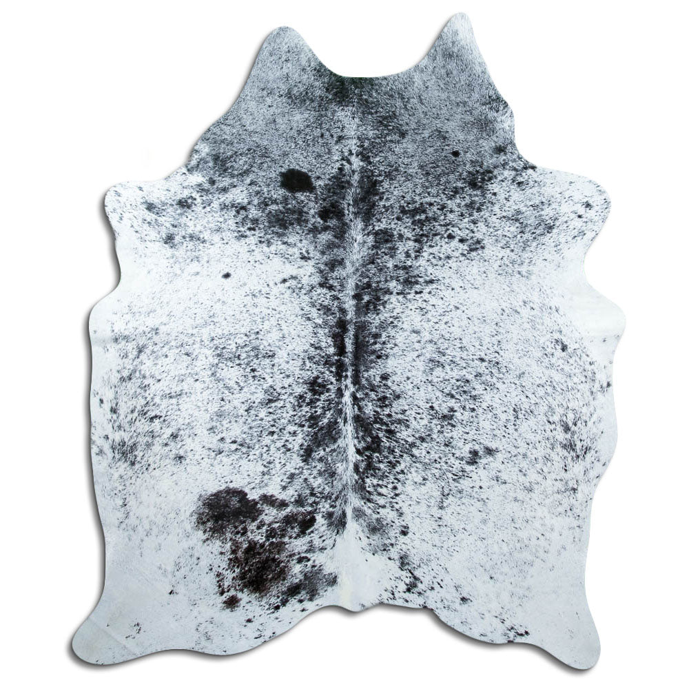 Salt and pepper cowhide rug of about 190 × 160 cm, seen from above: the exact hide you receive