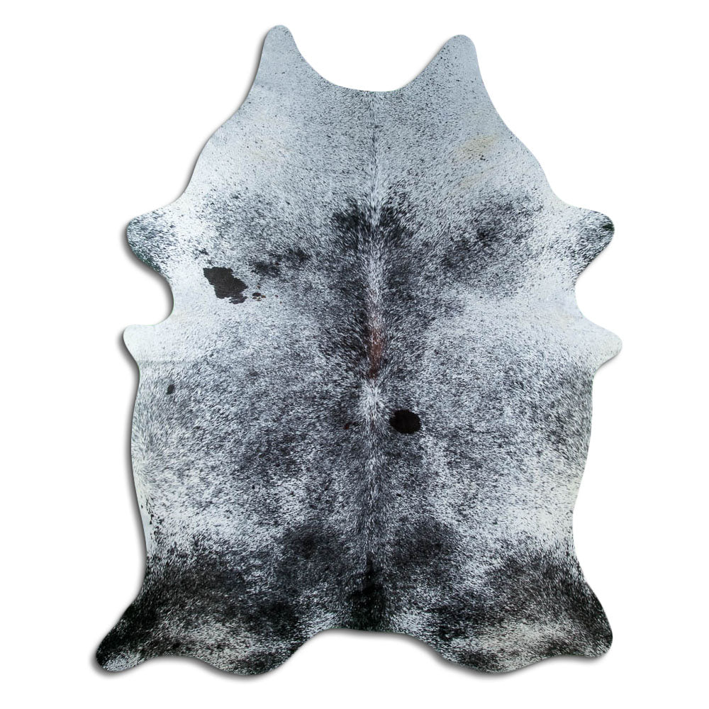 Salt and pepper cowhide rug of about 220 × 170 cm, seen from above: the exact hide you receive