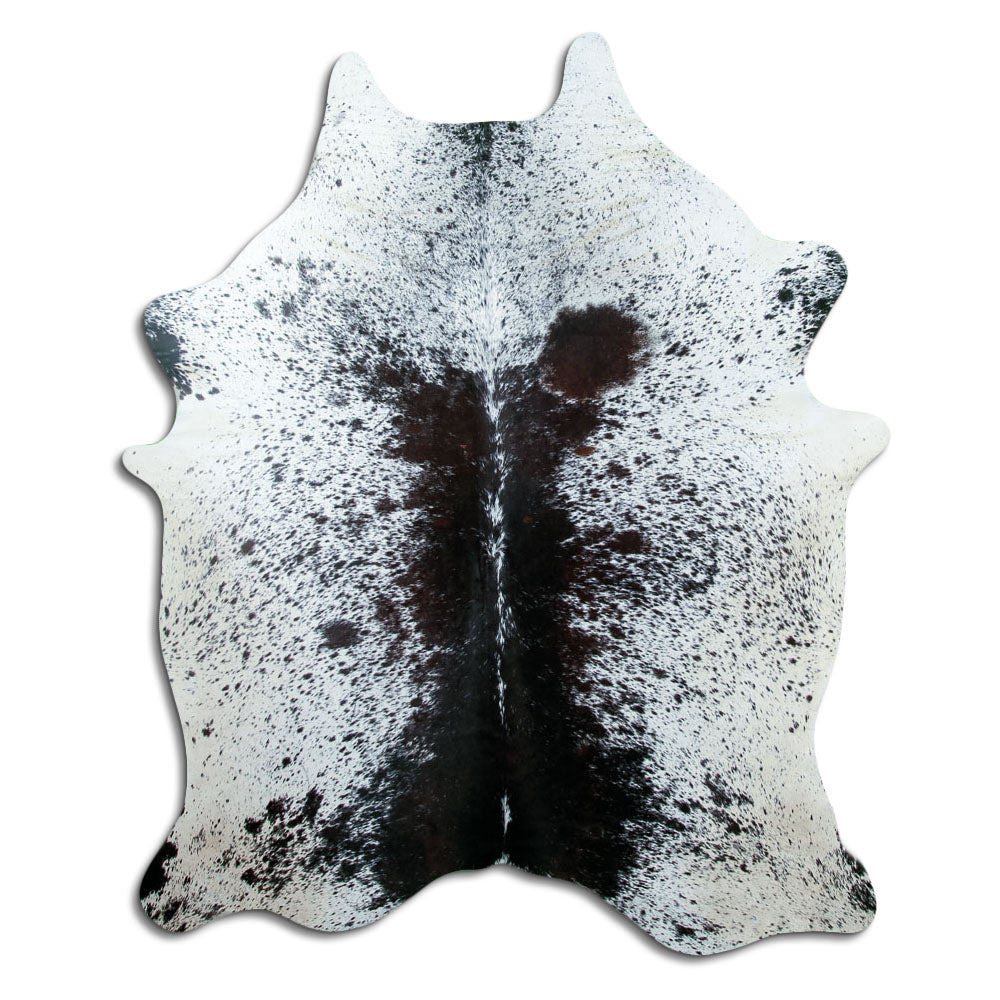 Salt and pepper cowhide rug of about 210 × 170 cm, seen from above: the exact hide you receive