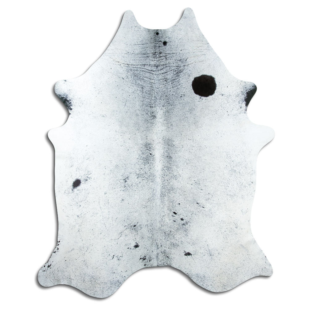 Salt and pepper cowhide rug of about 240 × 190 cm, seen from above: the exact hide you receive