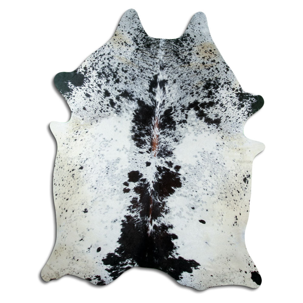 Salt and pepper cowhide rug of about 210 × 170 cm, seen from above: the exact hide you receive