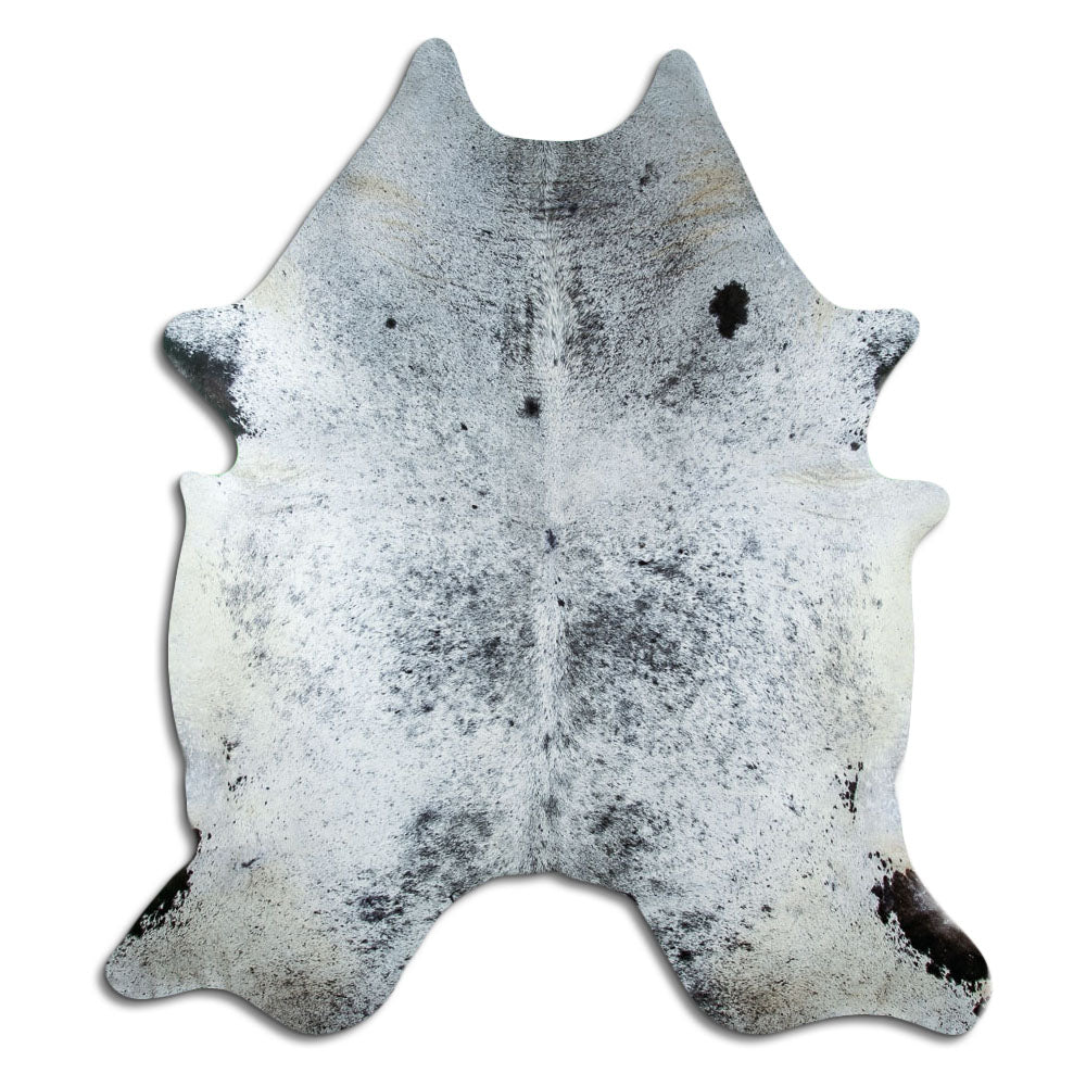 Salt and pepper cowhide rug of about 230 × 200 cm, seen from above: the exact hide you receive