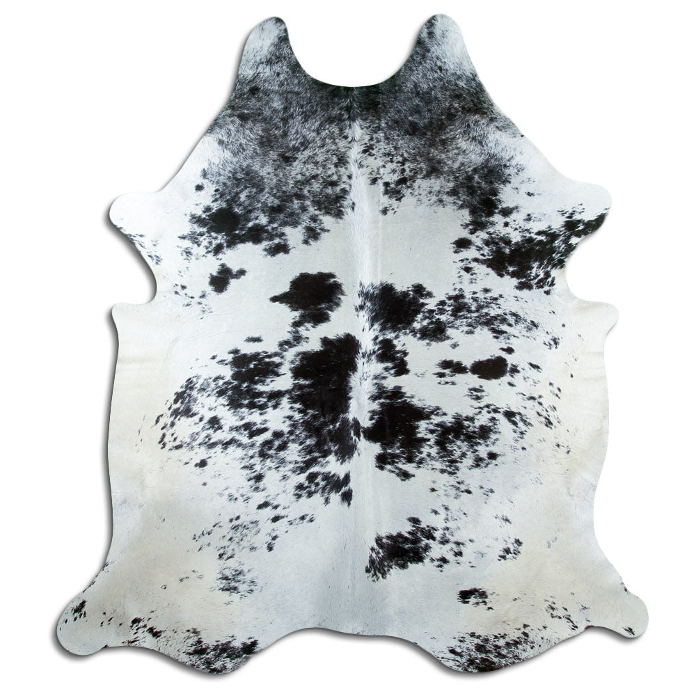 Salt and pepper cowhide rug of about 210 × 180 cm, seen from above: the exact hide you receive