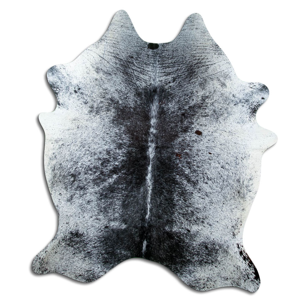 Salt and pepper cowhide rug of about 200 × 160 cm, seen from above: the exact hide you receive