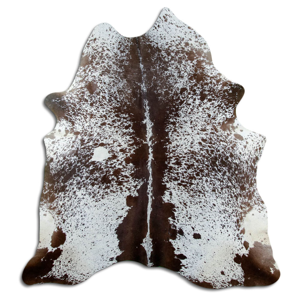 Salt and pepper cowhide rug of about 190 × 180 cm, seen from above: the exact hide you receive