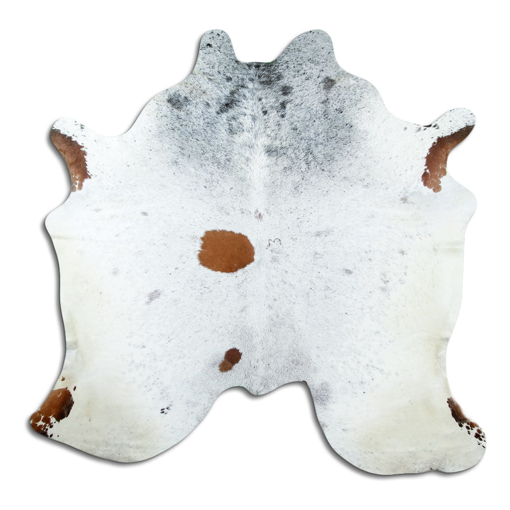Salt and pepper cowhide rug of about 180 × 180 cm, seen from above: the exact hide you receive