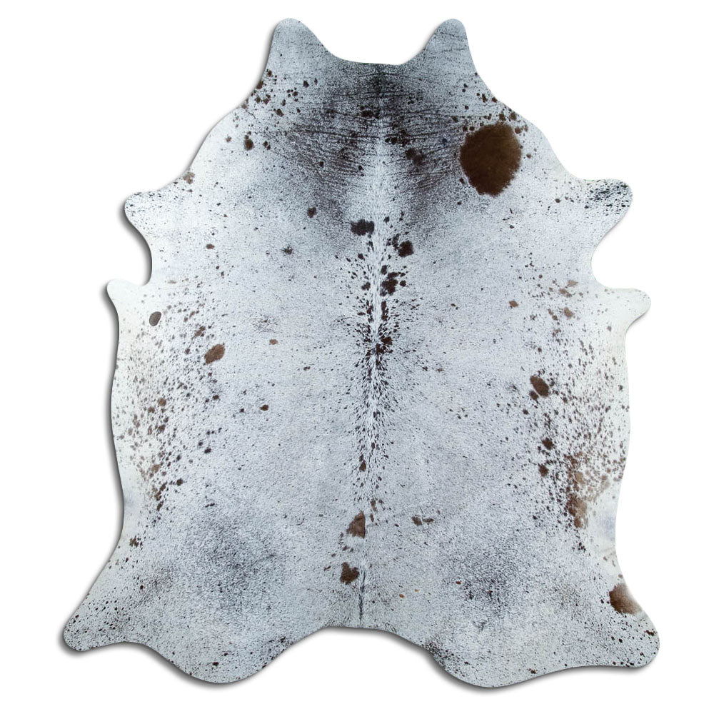 Salt and pepper cowhide rug of about 220 × 200 cm, seen from above: the exact hide you receive