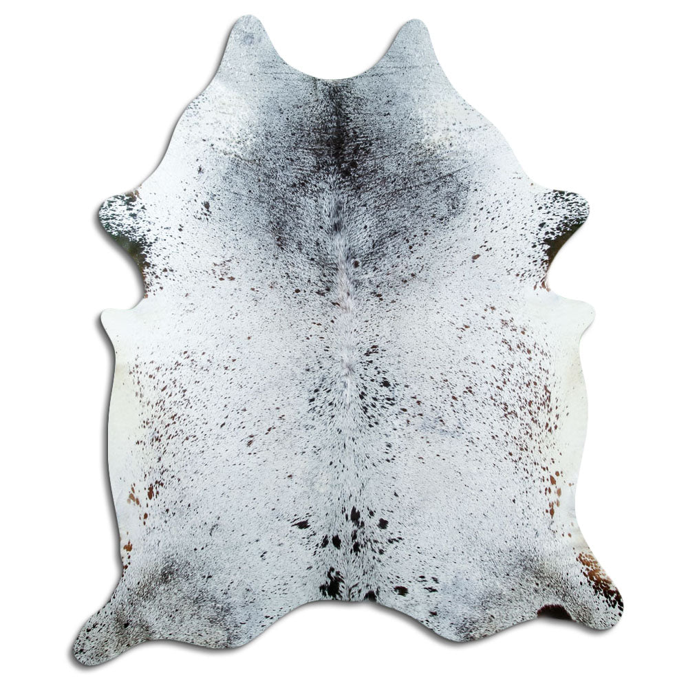 Salt and pepper cowhide rug of about 220 × 180 cm, seen from above: the exact hide you receive